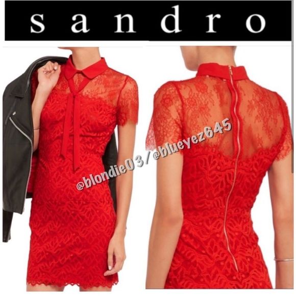 Sandro red “Rozen” lace panel bow dress 3/L - Picture 1 of 4